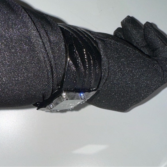 Studio Quartz Black Silver Cuff Watch | Rhinestones Textured Bracelet Band - Picture 4 of 6